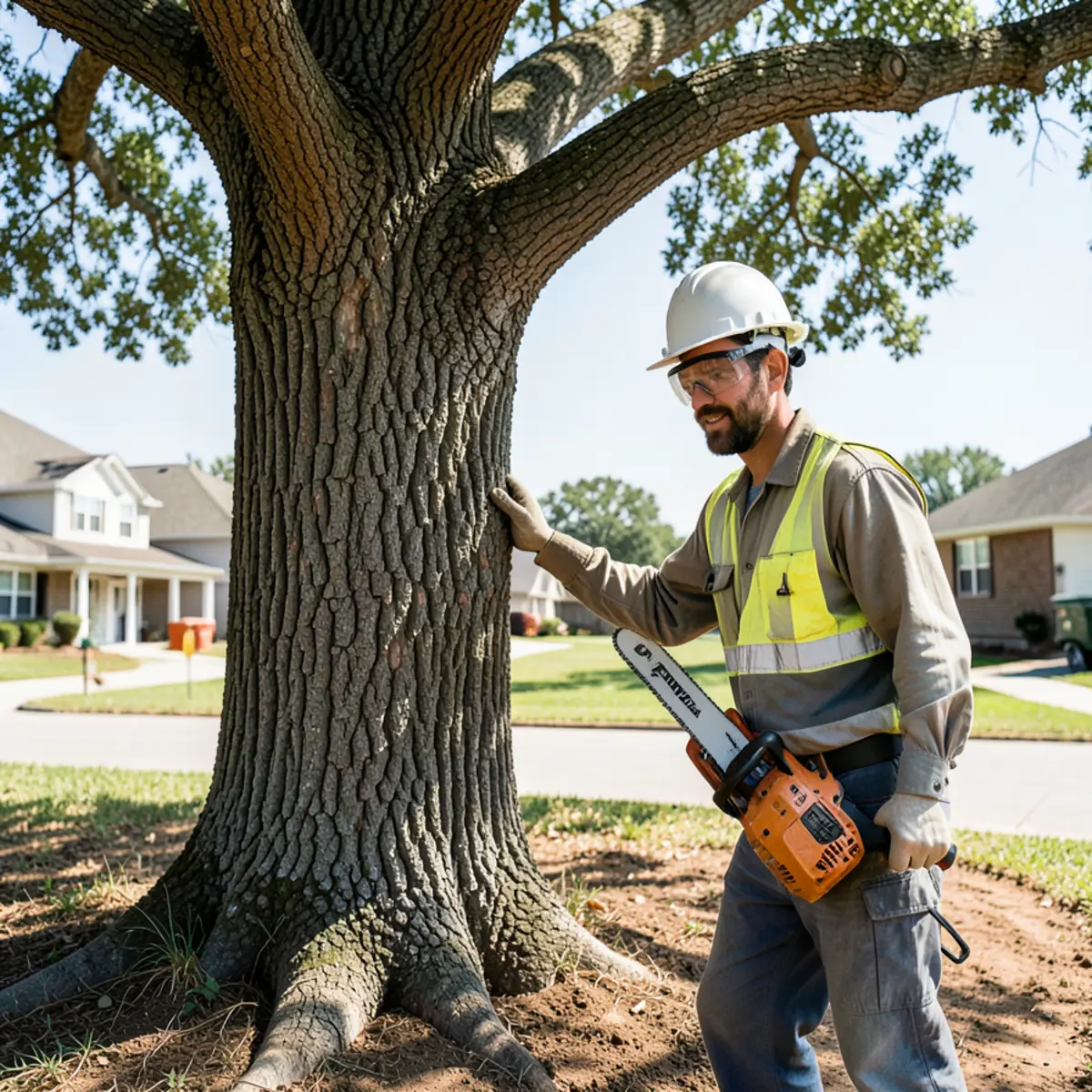 A municipal urban forestry inspector reviewing a tree preservation plan beside a large mature post oak in Fort Worth