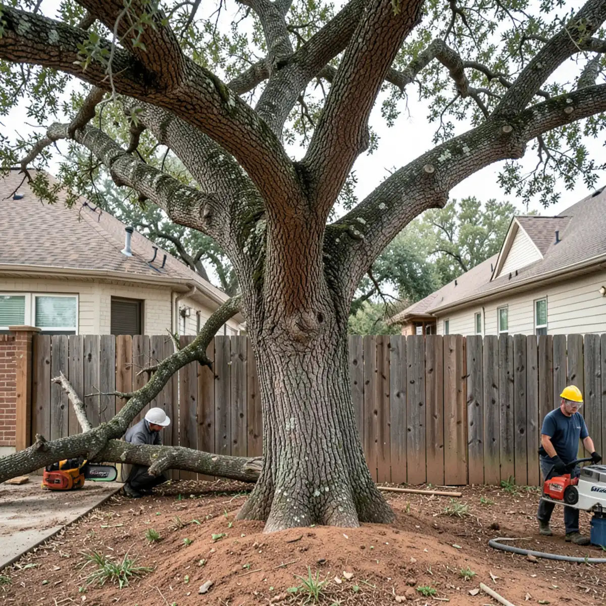 A large storm-felled hardwood tree crossing a residential privacy fence between two suburban Fort Worth properties