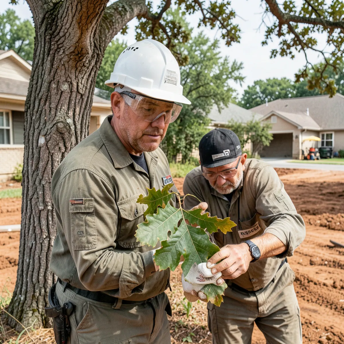 A certified forestry technician inspecting veinal chlorosis on infected live oak leaves in Tarrant County