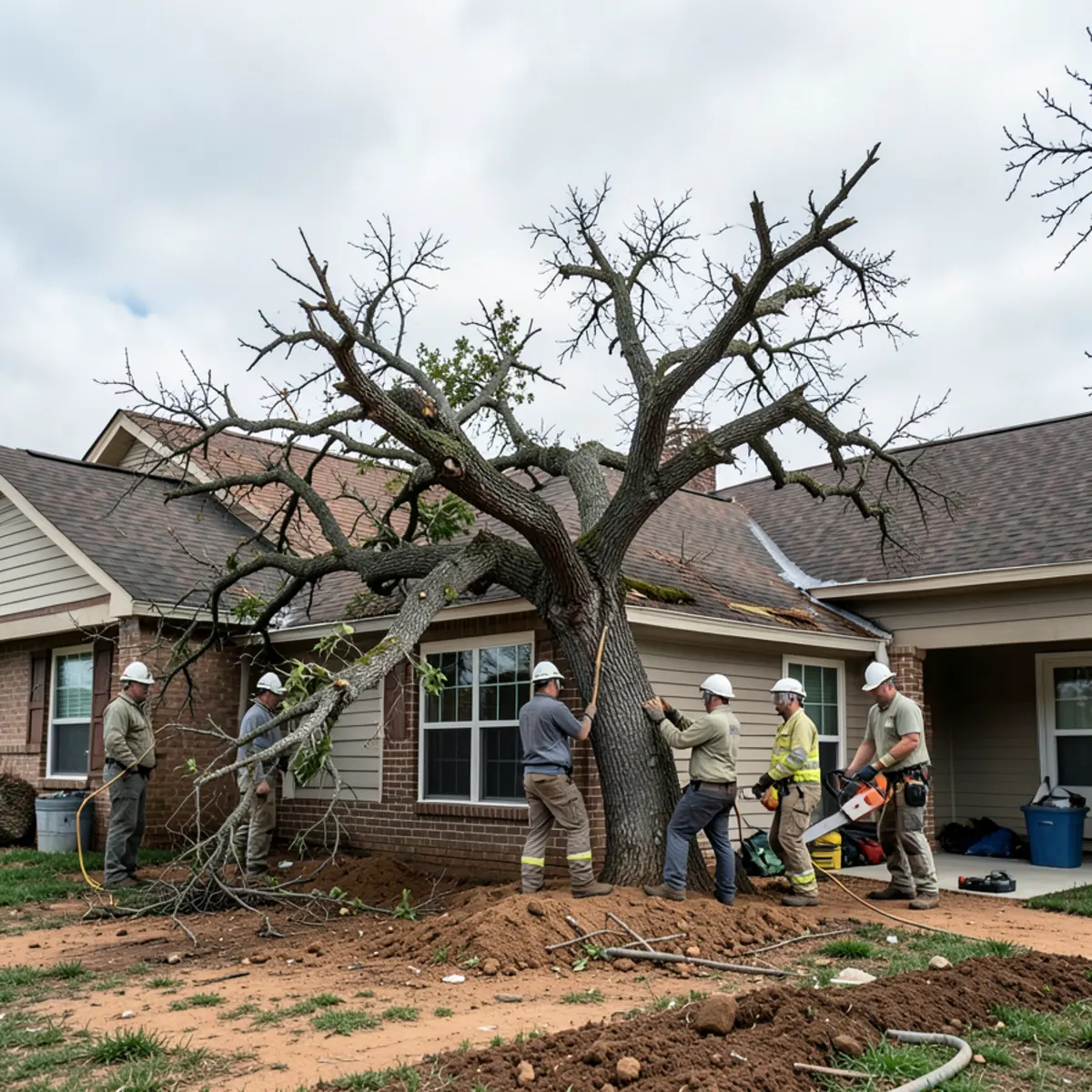 A heavy storm-damaged tree resting on the corner of a residential roofline in Fort Worth with emergency crews assessing the structure