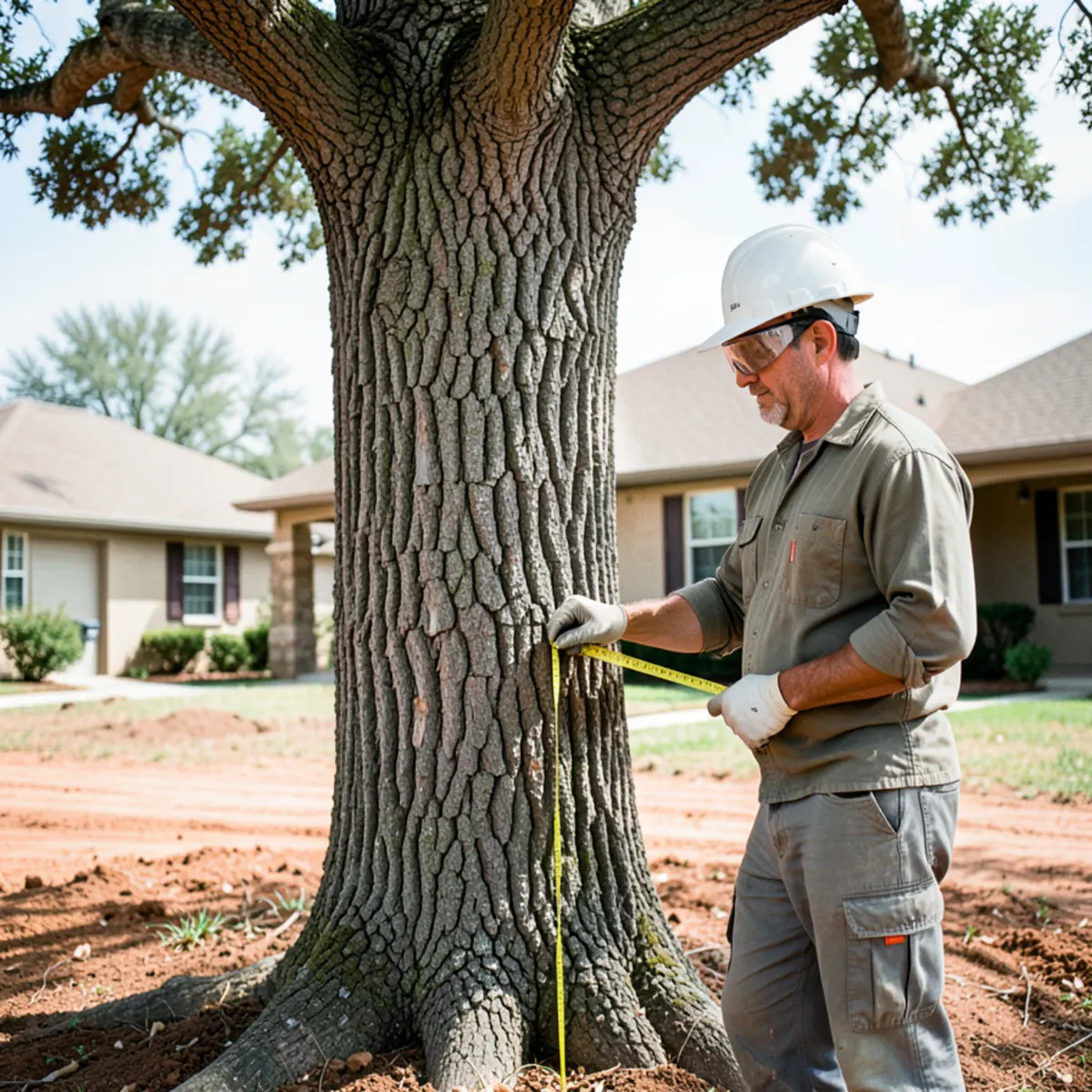 A tree care estimator using a diameter tape to measure the DBH of a large residential oak in Fort Worth