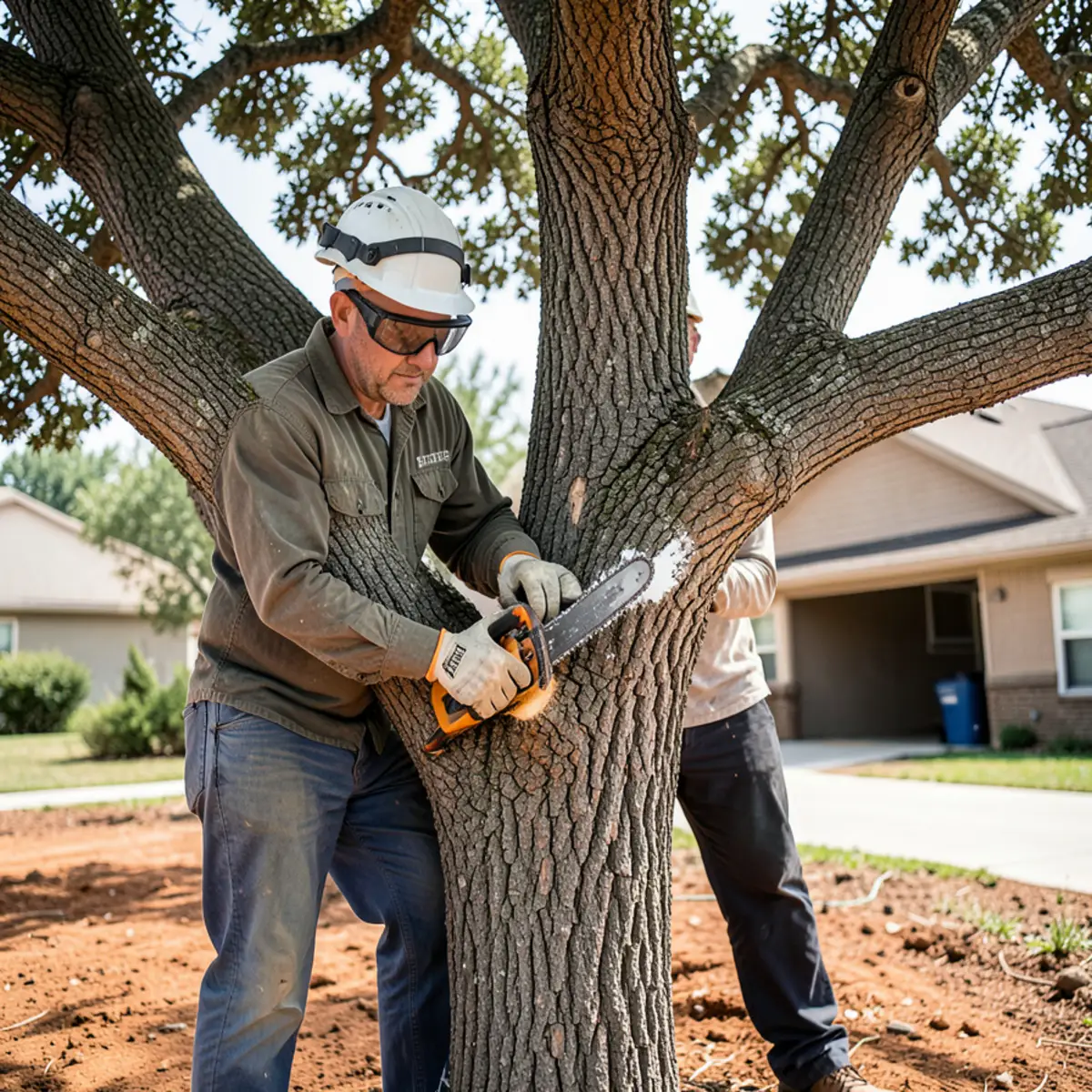 An arborist applying protective pruning paint to a fresh limb cut on a Texas live oak