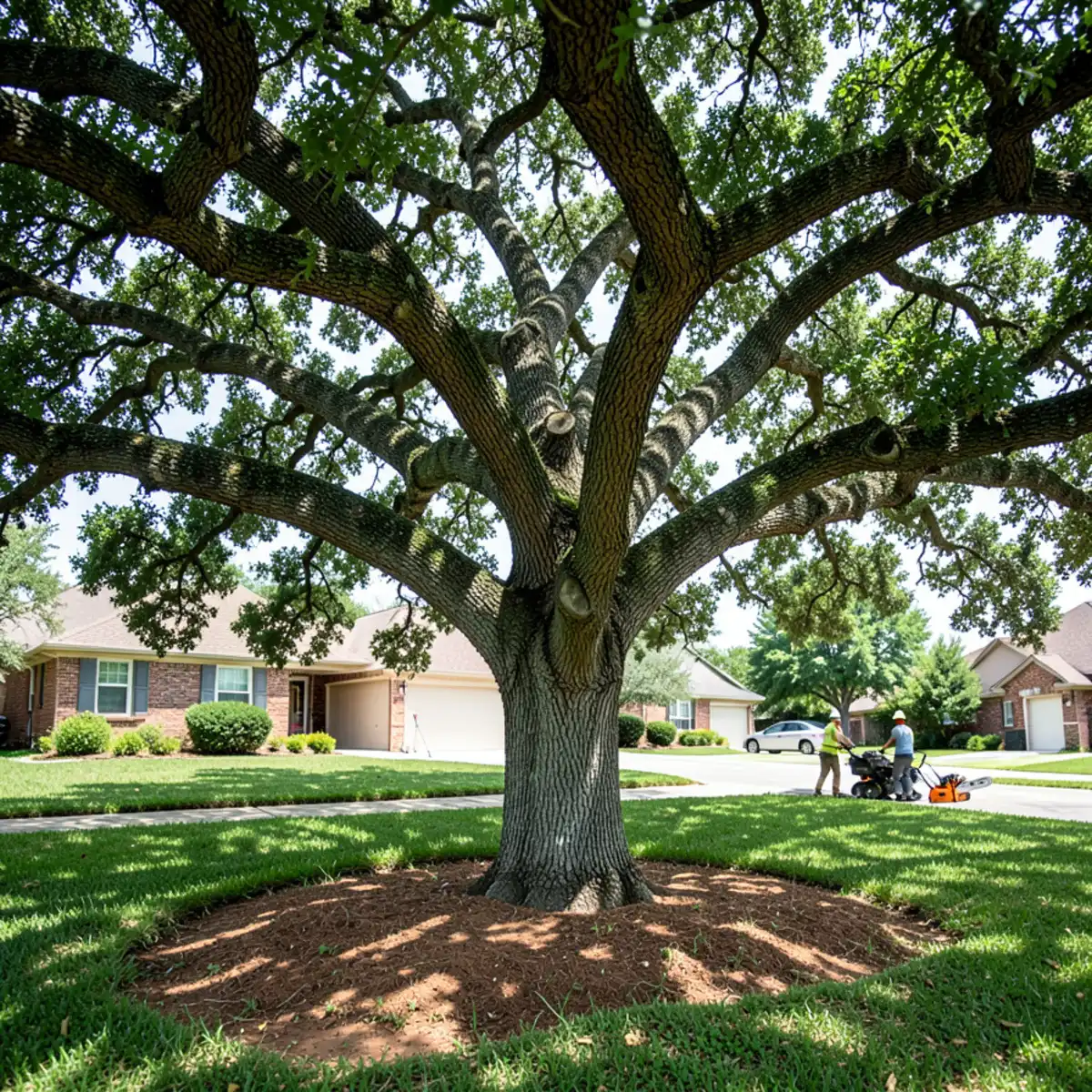 Sprawling heritage Texas live oak canopy providing summer shade over a Fort Worth lawn