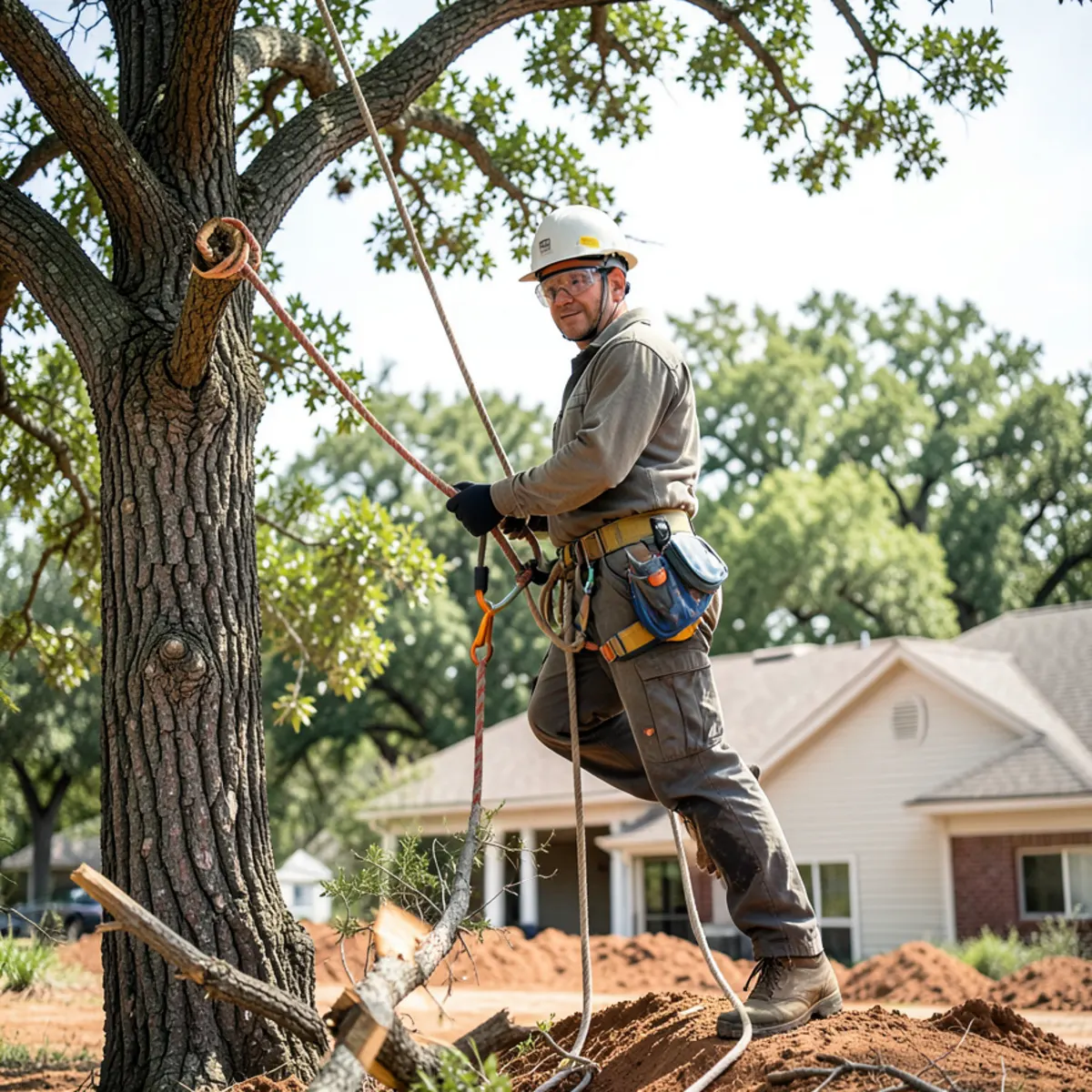 Aerial climber sectionally lowering a large oak limb on arborist friction ropes