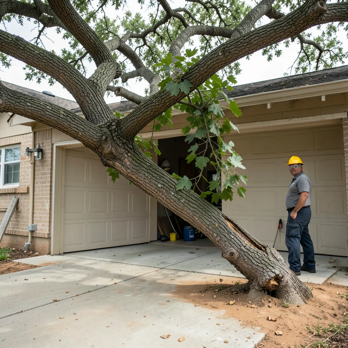Split storm-damaged hackberry limb resting on a residential garage in Fort Worth