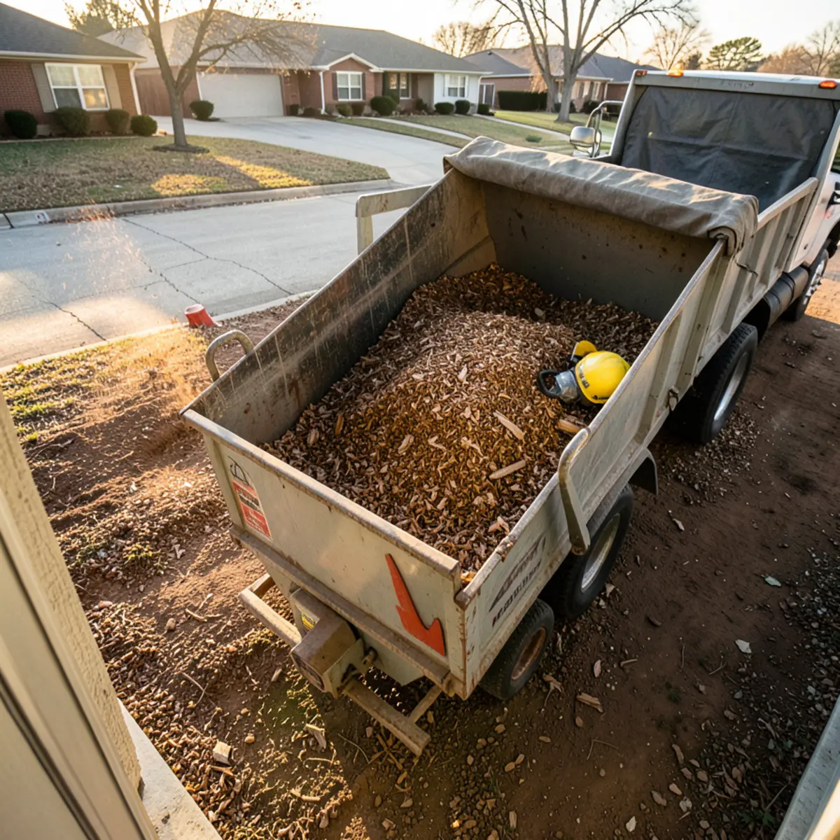 Industrial wood chipper shredding brush and branches into mulch in a suburban driveway