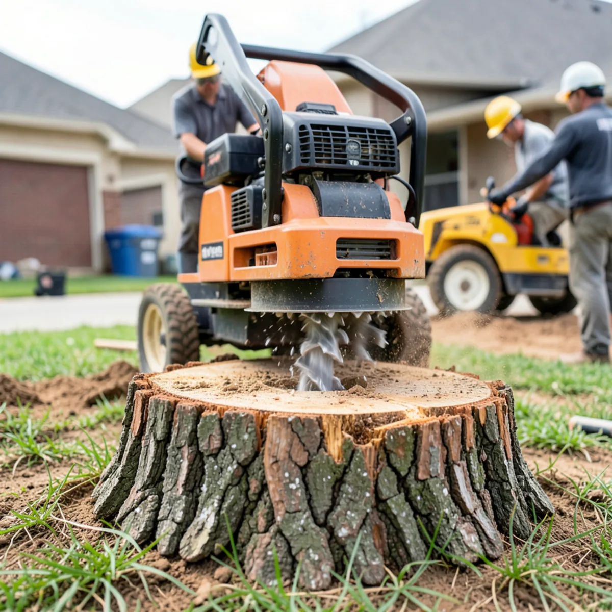 Commercial hydraulic stump grinder reducing a large hardwood tree stump below grass level