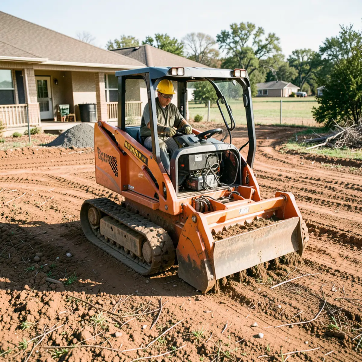 Compact track loader with rotary forestry mulcher clearing invasive cedar on rural acreage