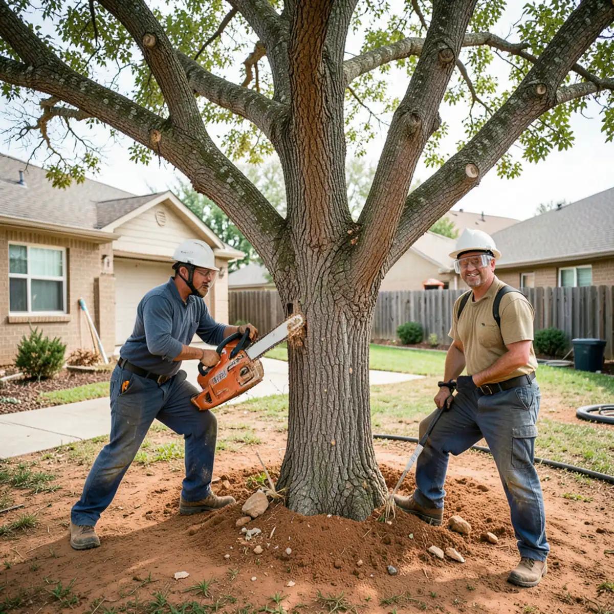 Tree removal crew sectionally dismantling a declining Arizona ash tree in a Bedford residential backyard