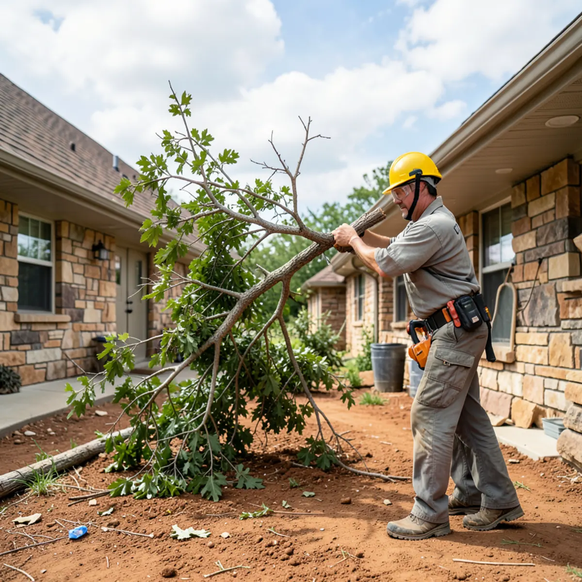 Arborists carefully lowering a dead oak limb over a residential home in Benbrook near Lake Benbrook