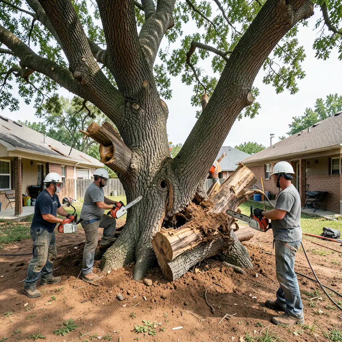 Tree service crew sectionally dismantling a massive dead pecan tree in an Old Town Burleson backyard