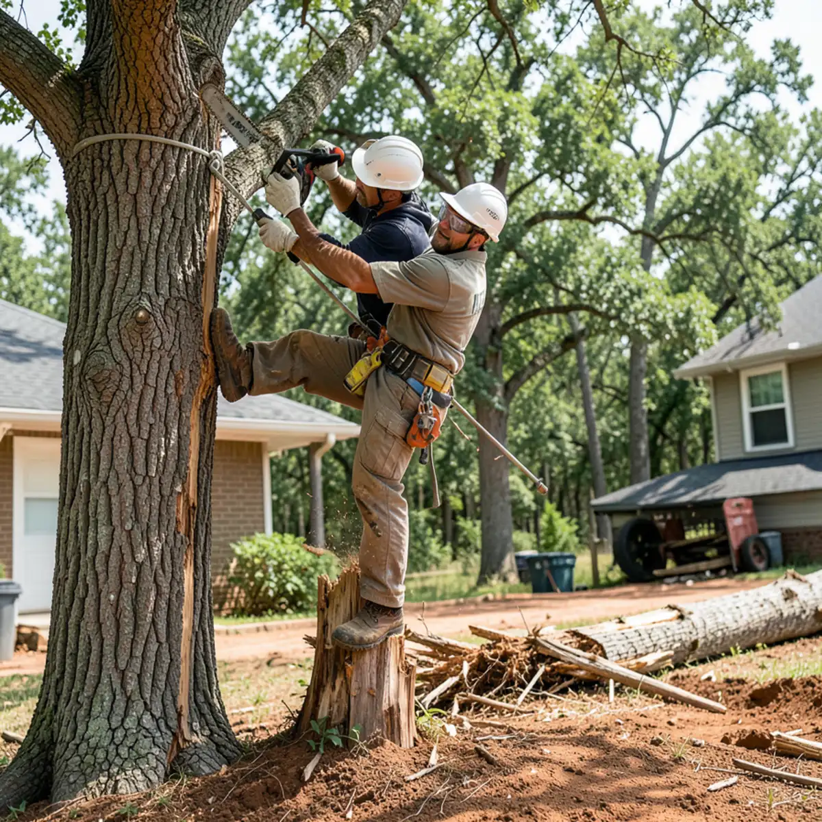 Tree care crew executing aerial pruning and deadwood removal on a wooded one-acre residential lot in Colleyville