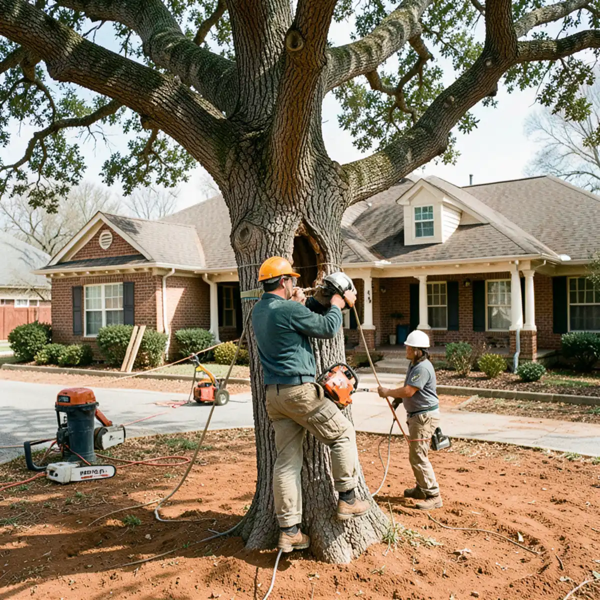 Careful sectional rigging of a hazardous oak tree near an historic home in Grapevine