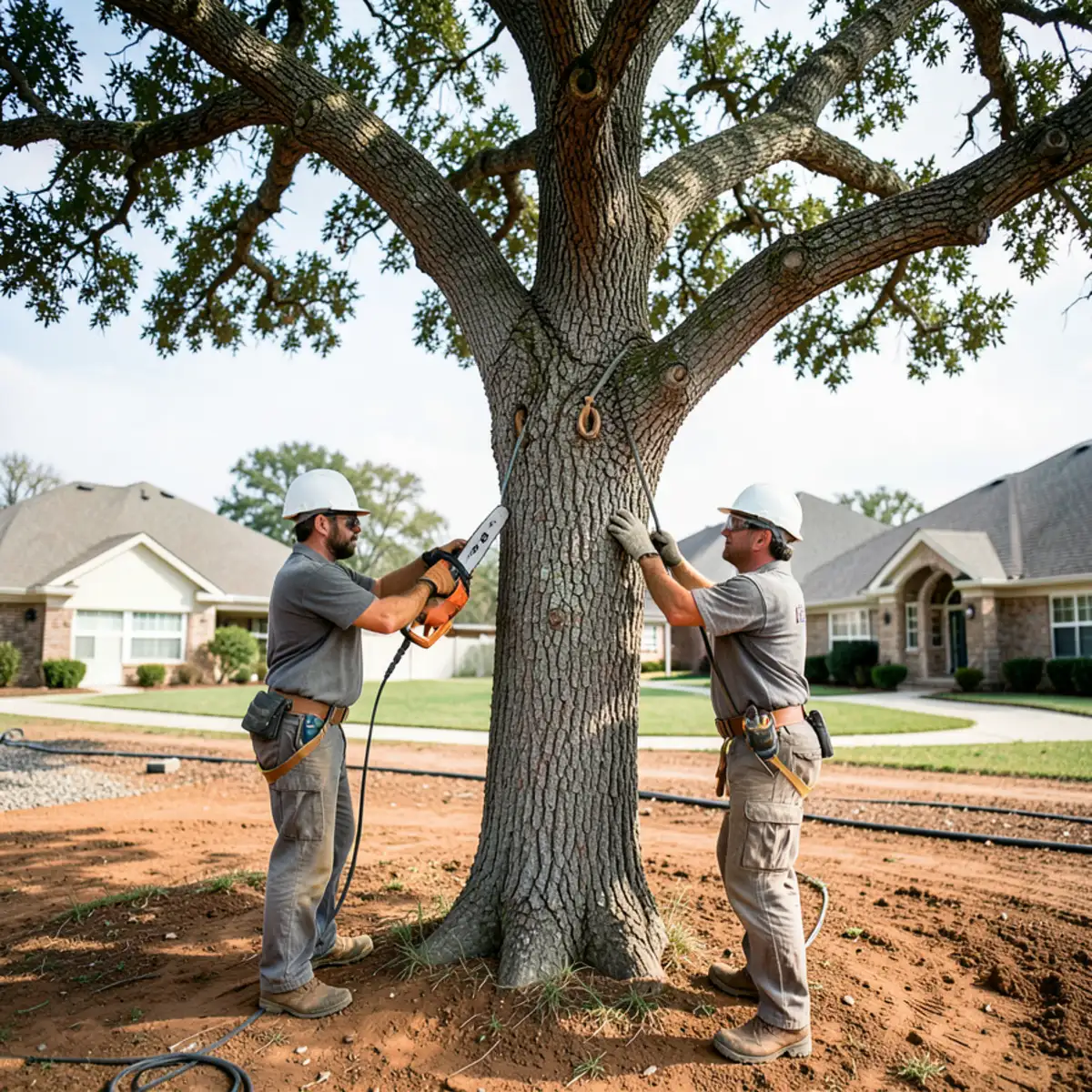 Arborists executing controlled rigging of a dying mature post oak on a large residential lot in Keller