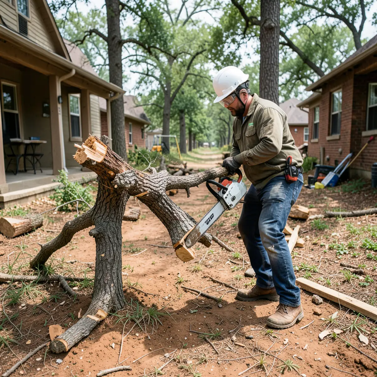 Tree removal crew safely lowering large limb sections near a home along the Walnut Creek corridor in Mansfield