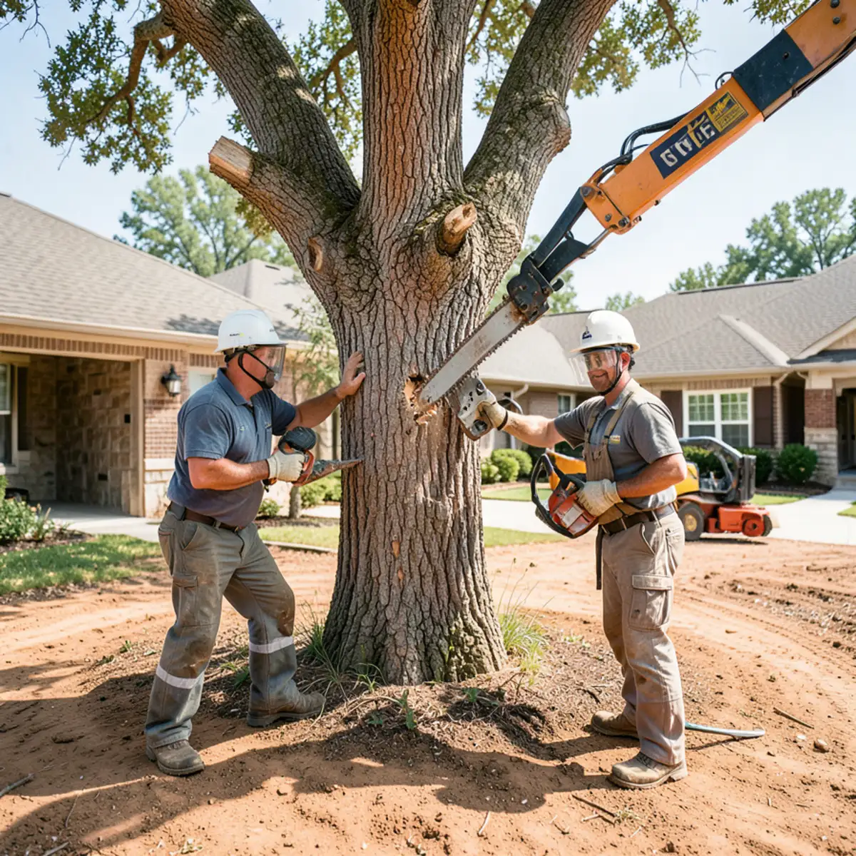 Arborists performing precision crane removal of a hazardous post oak on a luxury estate lot in Southlake
