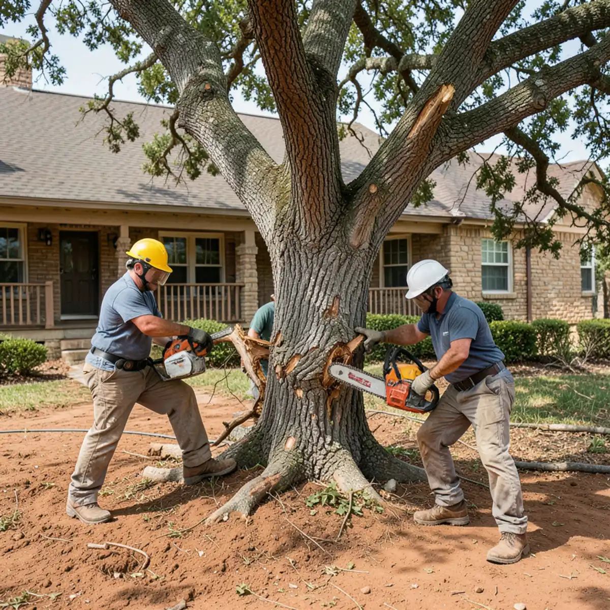 Tree service crew removing a storm-damaged mature pecan tree near an historic home in Weatherford