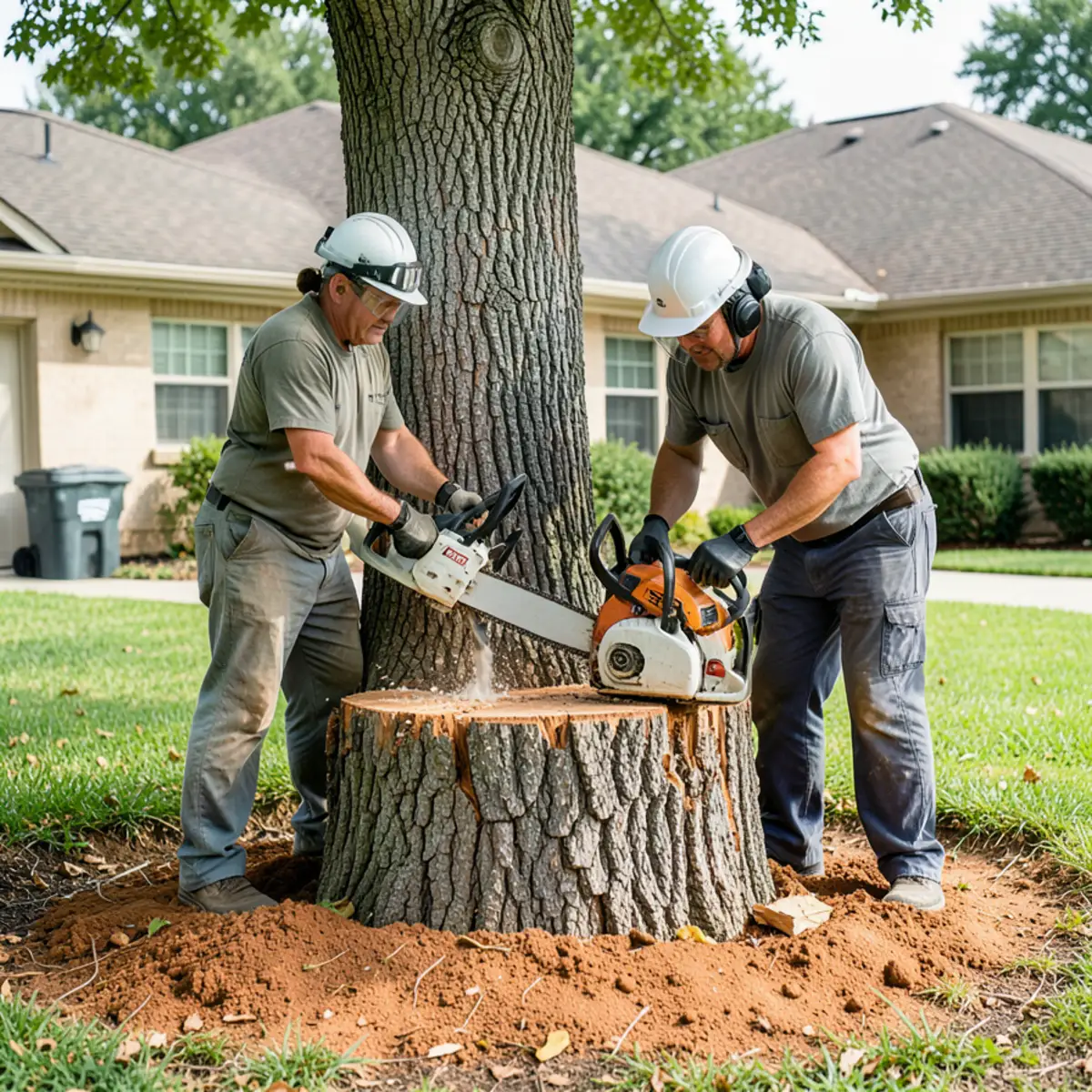 Hydraulic commercial stump grinder chewing a large pecan tree stump below lawn grade in Fort Worth